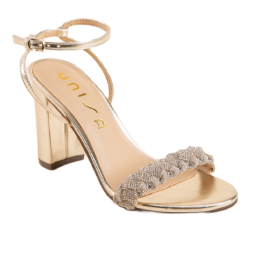 Rhinestone gold braided strappy block heel party shoes size 9